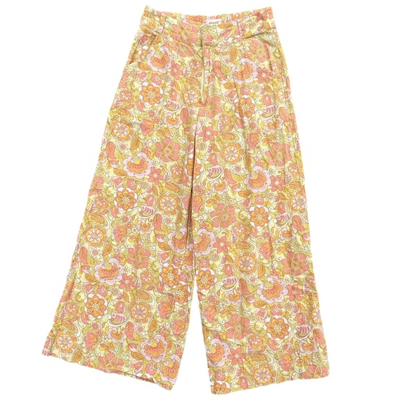 Ghanda Pants - Ghanda Cindy Pants Size 8 Linen Blend Floral 70s High Rise Wide Leg Ankle